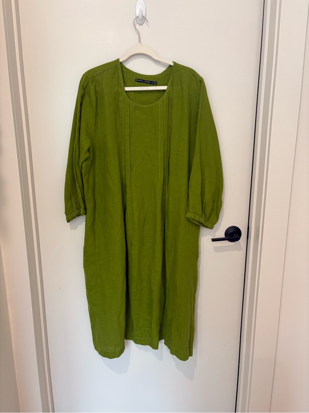 Gudrun Sjoden Olive Green 100% Linen Midi Dress Pockets Boho Lagenlook Artsy XL